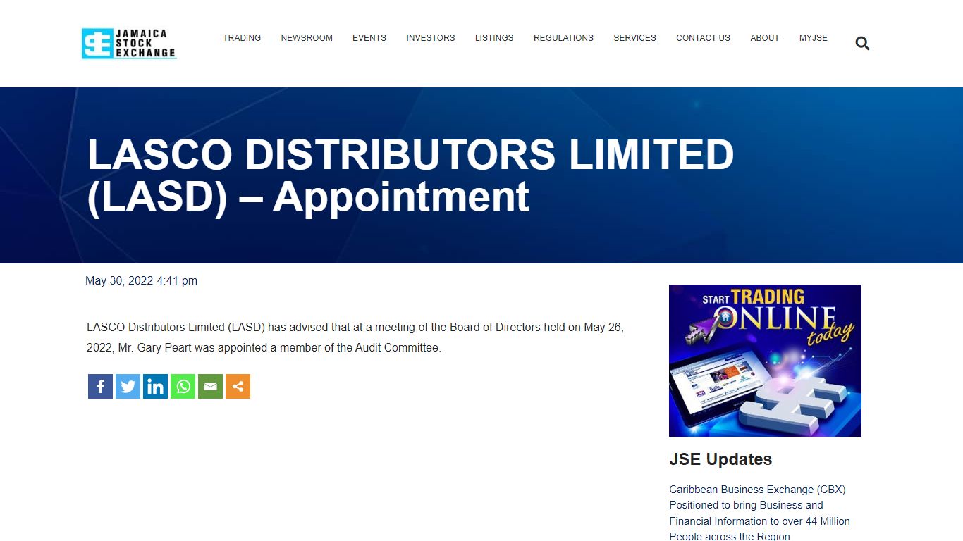 LASCO DISTRIBUTORS LIMITED (LASD) – Appointment